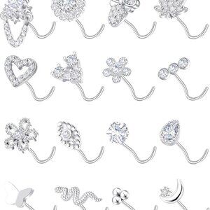 16Pcs Nose Stud Rings Silver Pink Tone CZ Flower Snake Butterfly Heart Joy